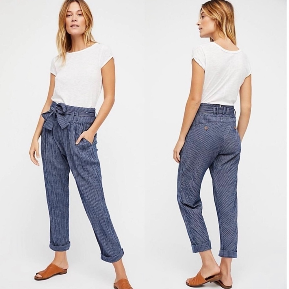 FREE PEOPLE Rumors Yarn Dye Harem High Rise Pant Navy White Striped Cotton sz 0